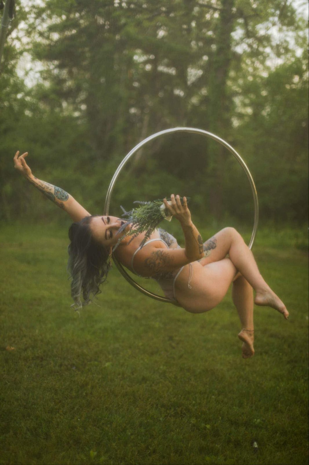 Aerial hoop in a misty field